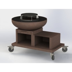 Brasero hauteur table basse avec meuble latéral, cuisson acier DKP et corps en acier Corten